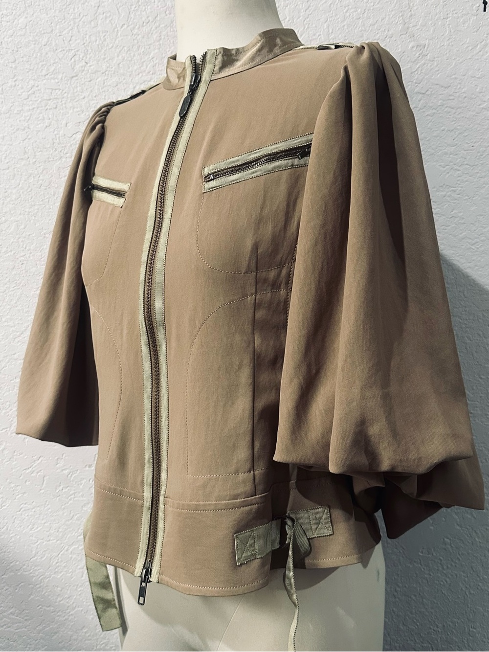 NEW Byron Lars Beauty Mark M.L. Leddy Taupe Tan Jacket with Puff Sleeves size 6